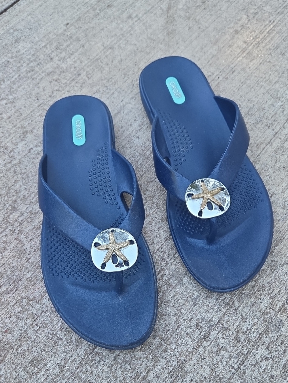 OKA b. Navy Blue Flip Flop Sandals with Starfish Medallion